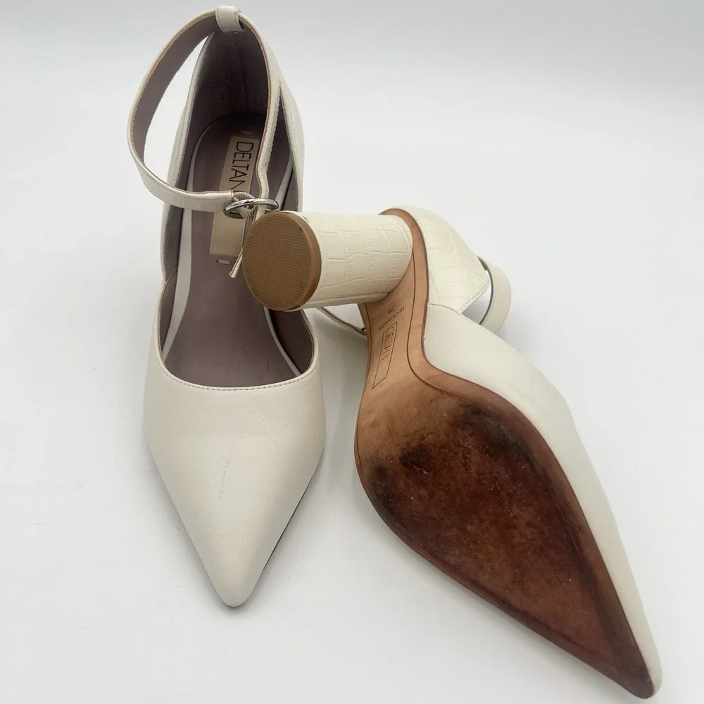 DELTAN Women's Cream Ivory Pointed Toe Ankle Strap Block Heel Shoes Size 7
